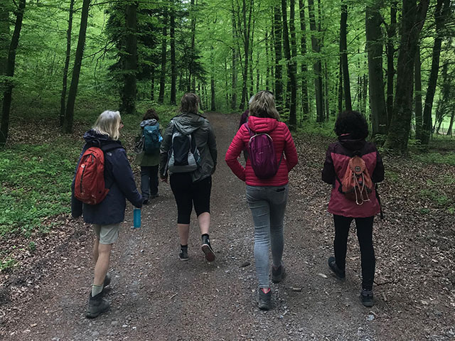 Photo d'un groupe d'adultes marchant sur un sentier au milieu d'un bois durant une balade débranchée